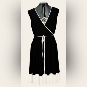 EVAN PICONE- Faux Wrap Dress with White Trim and Detail on the Hem